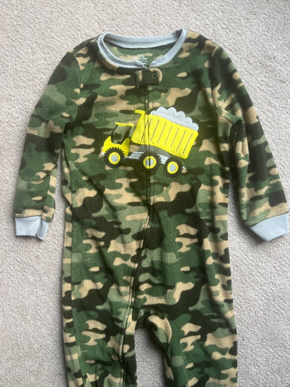Green Camo Fleece One-Piece with Yellow Dump Truck